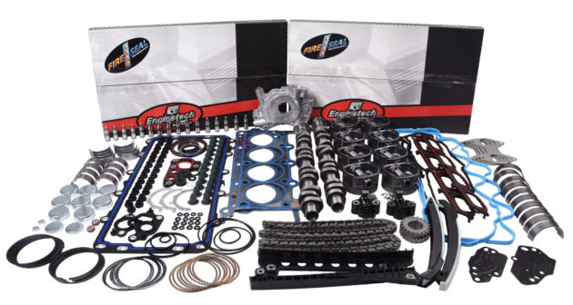 Engine parts laid out for a rebuild kit, showcasing top-quality performance components for engine restoration and performance upgrades